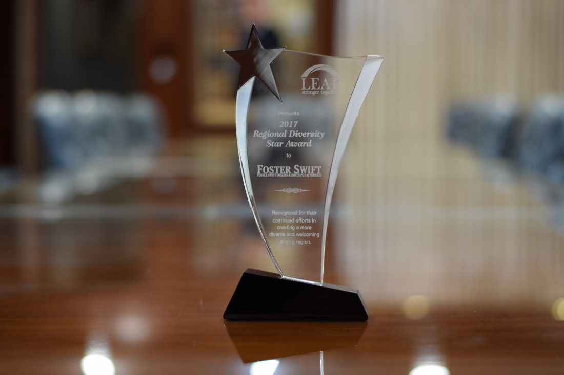 Glass award for 2017 Regional Diversity Star Award to Foster Swift