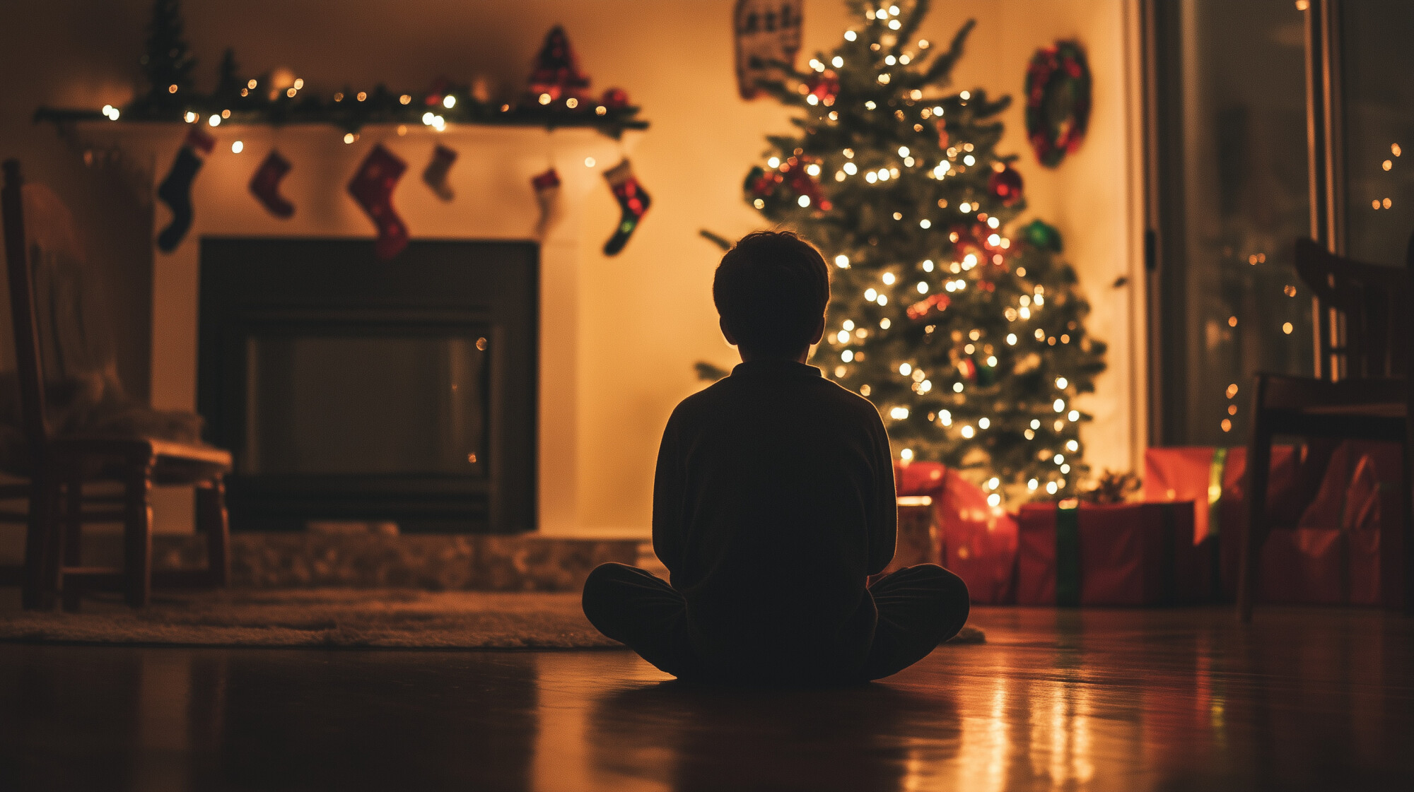 Illustration depicting a child alone surrounded by Christmas lights and decorations