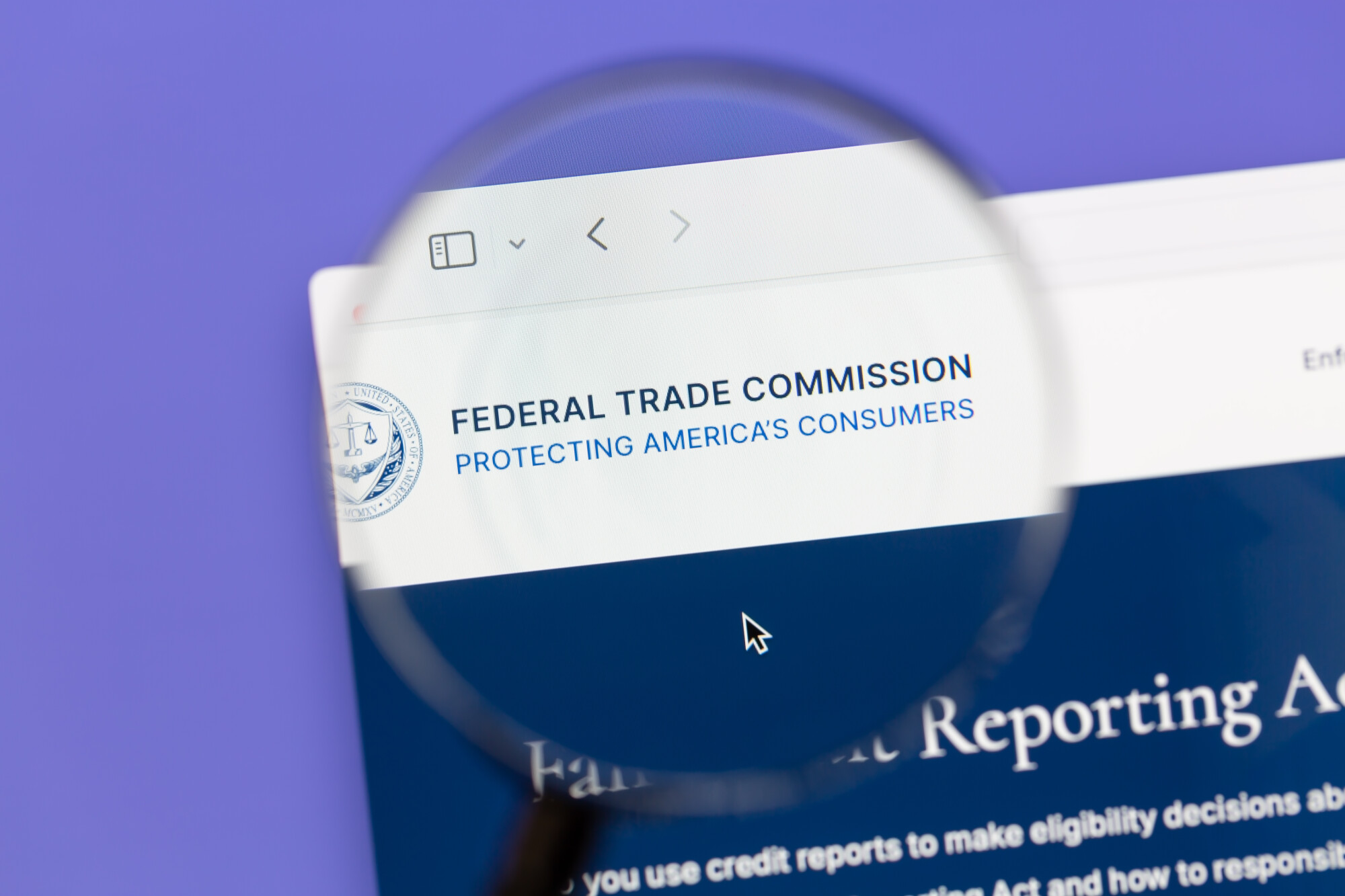 The Federal Trade Commission (FTC) website under magnifying glass