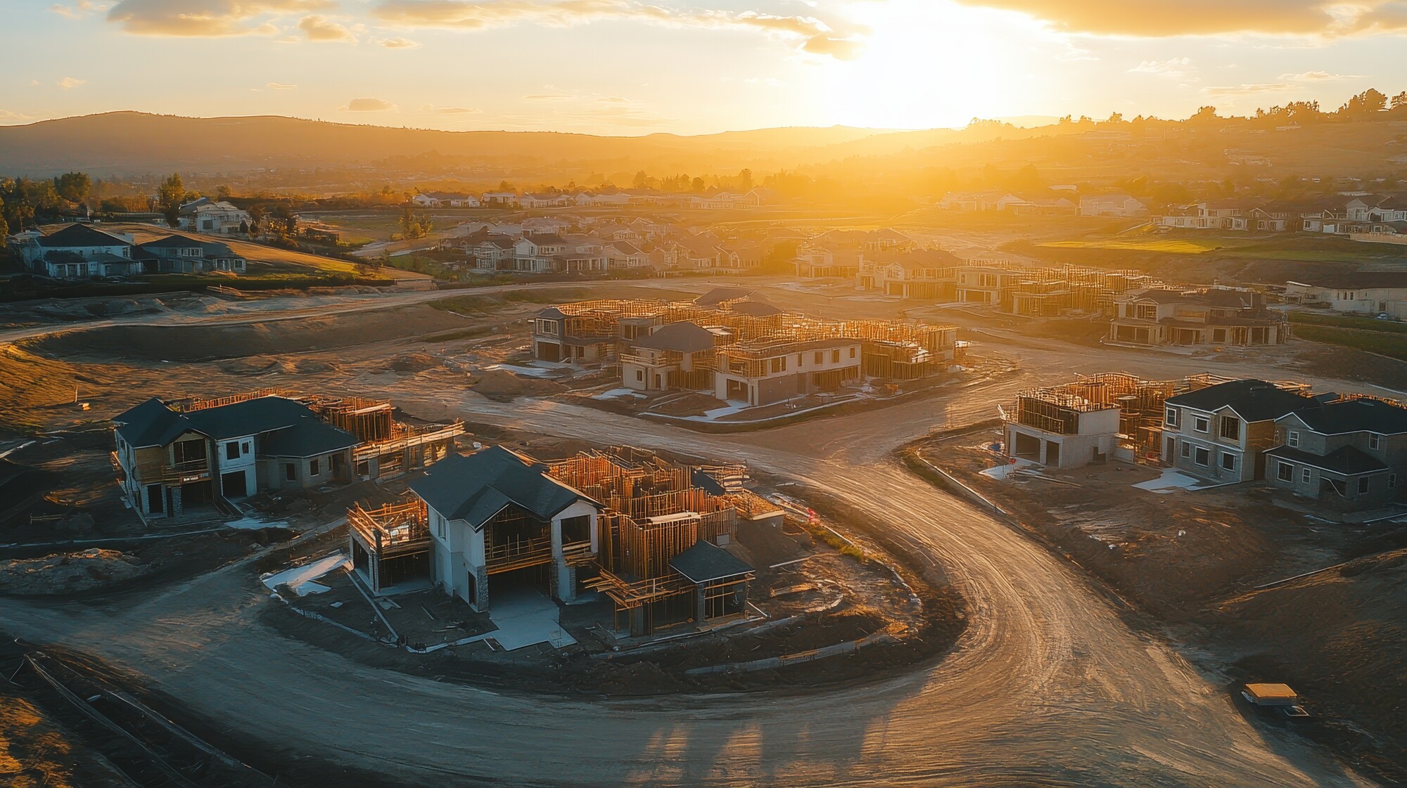 Aerial view of a housing development with multiple homes at different stages of construction 