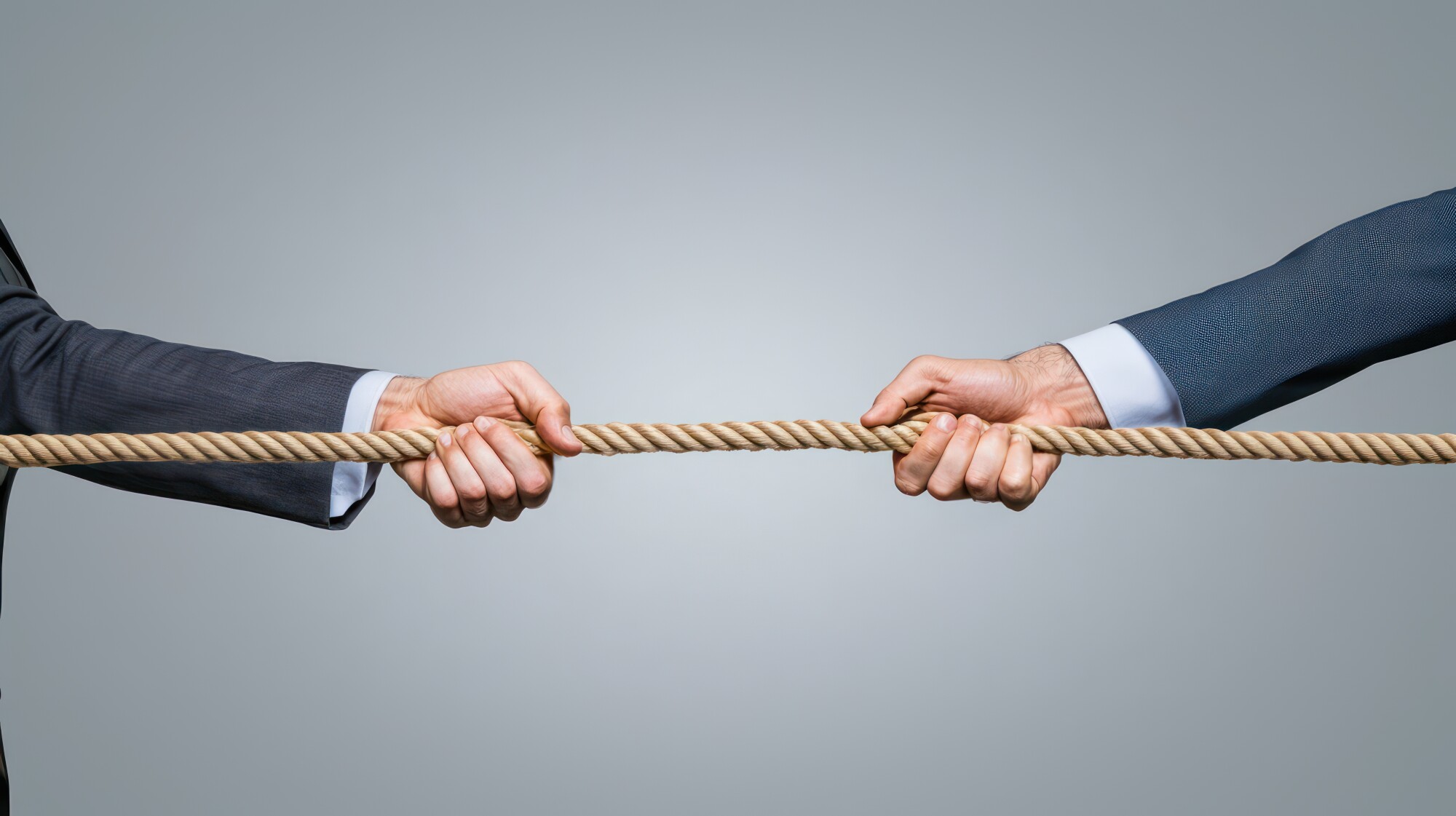 Two hands in business suits pulling on a rope, symbolize conflict, business problems, teamwork problem