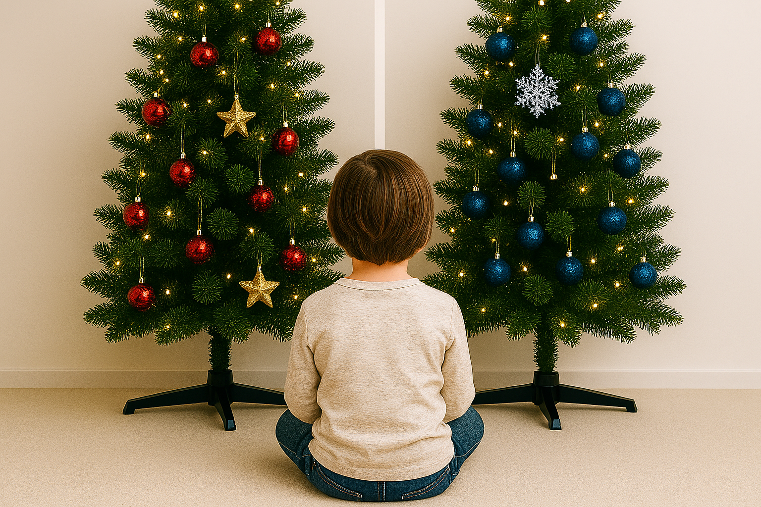 Generated by AI. Child sits in front of two differently decorated christmas trees