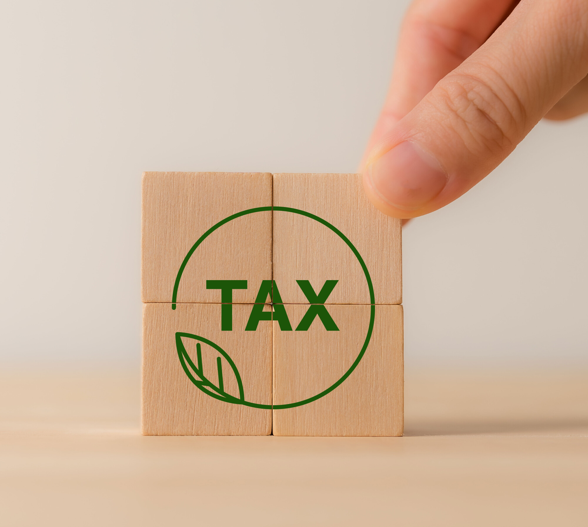 Environmental tax obligation, breaks concept. Wooden blocks with green taxes icons