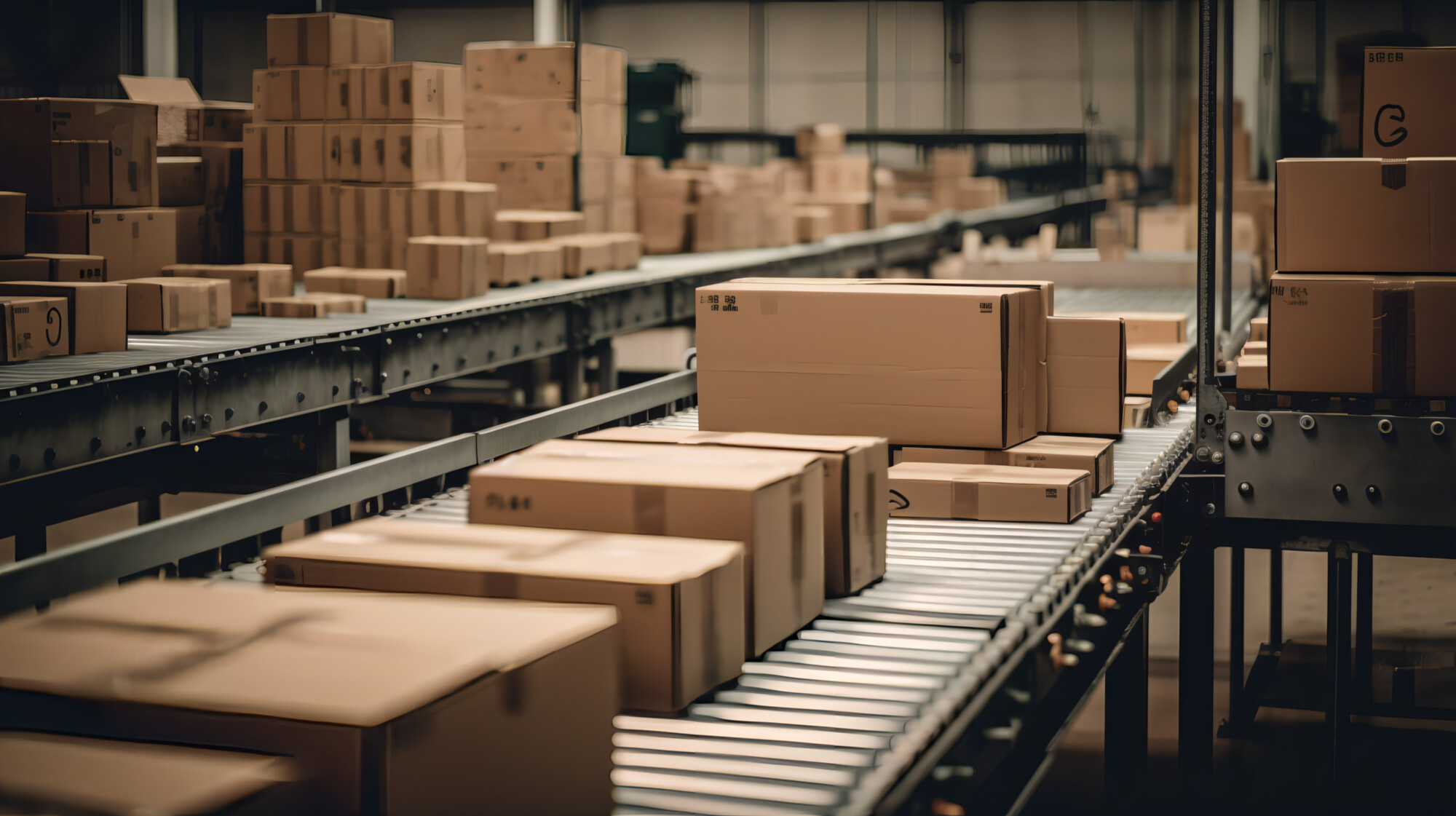 Boxes on Conveyor Belt in Factory