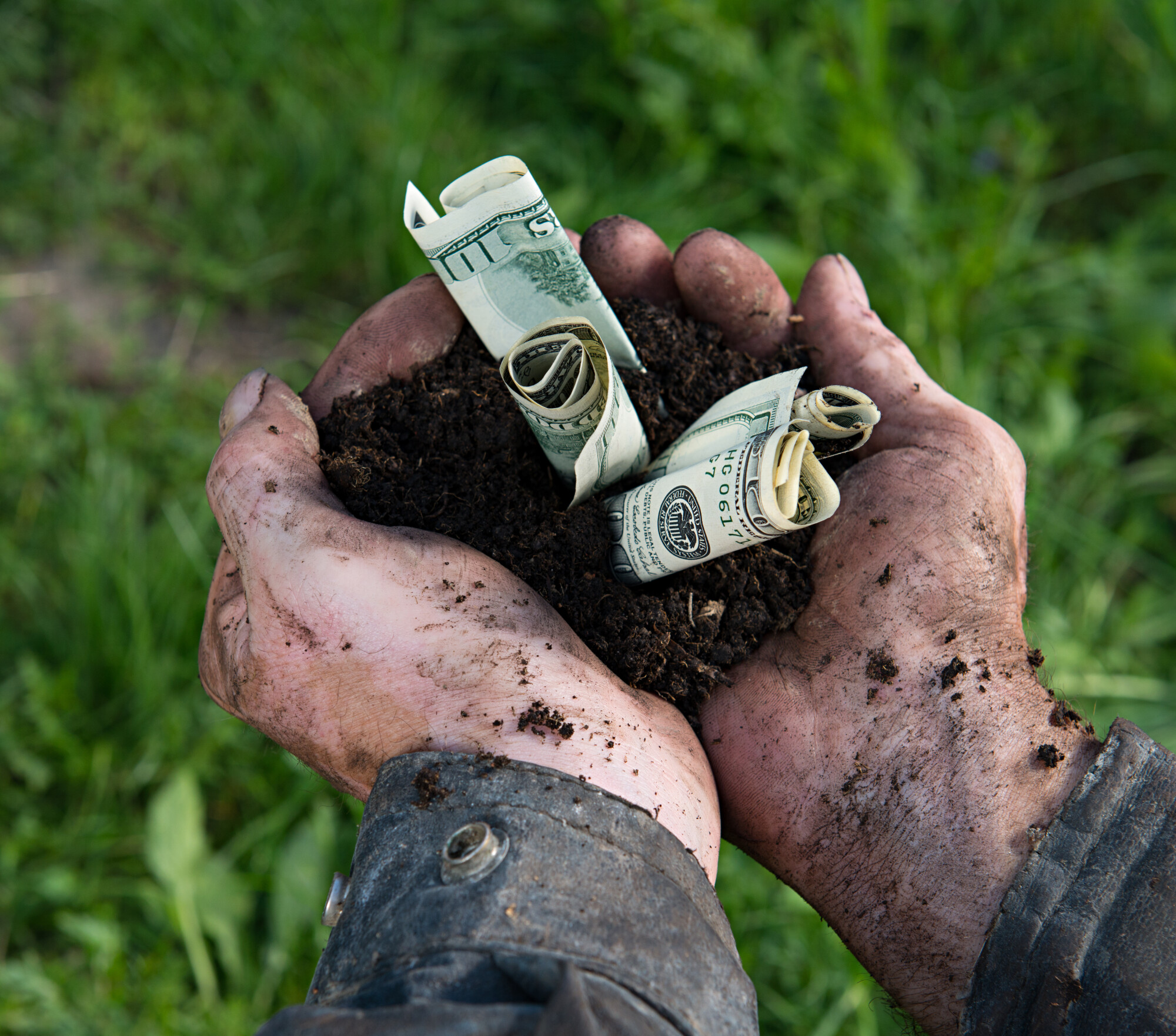 Farmer with Dirt and Money in Hands