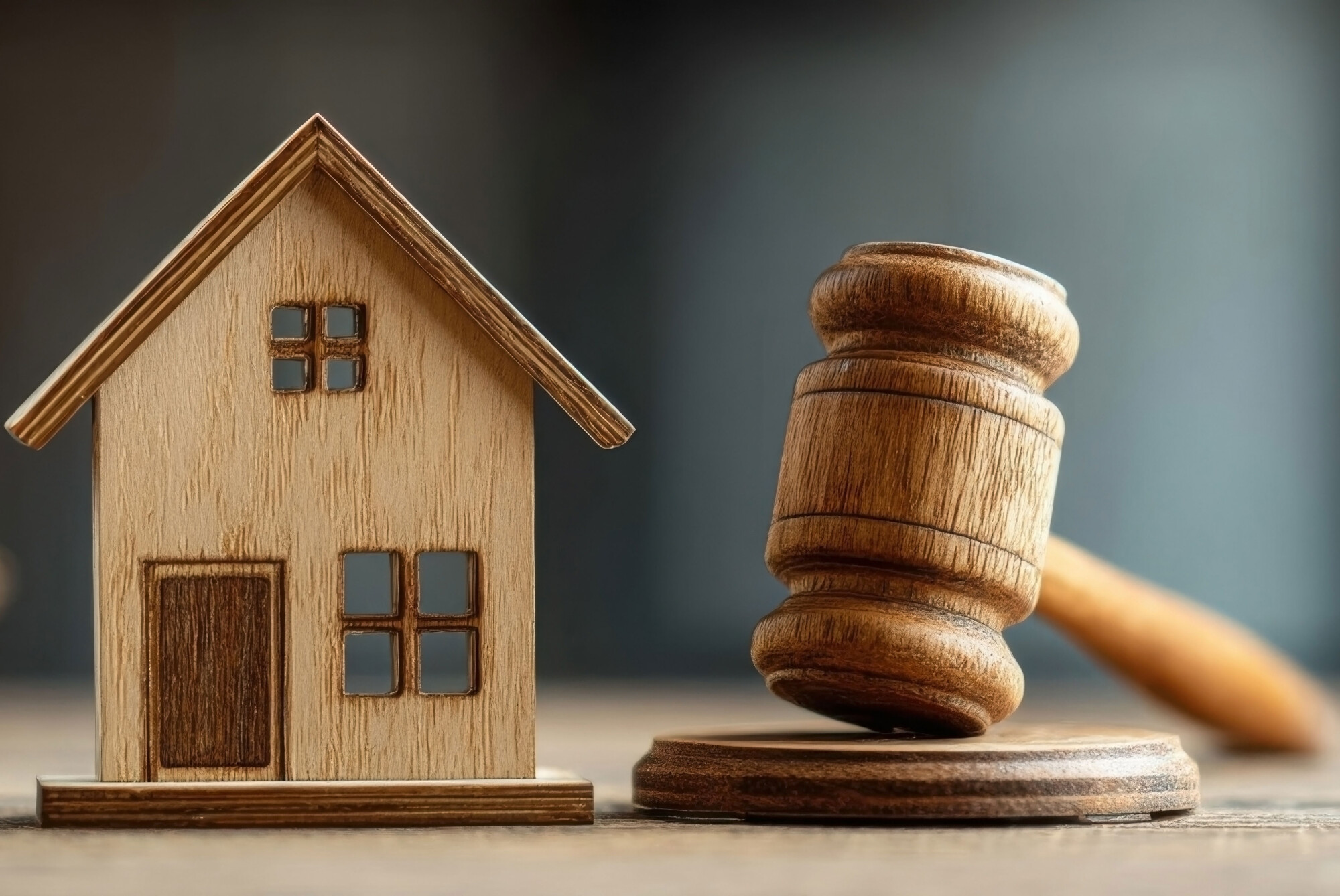 concept of property judgment, property, money. Wooden house model alongside judge gavel and scales symbolizing real estate law and property