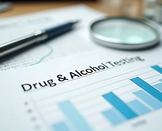 Close-up of a document titled "Drug & Alcohol Testing" with a blue bar graph, a pen, and a magnifying glass resting nearby, suggesting analysis or review of testing data.