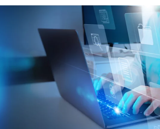 Person typing on a laptop keyboard with digital file and document icons overlayed, representing cybersecurity, data management, or digital document access.
