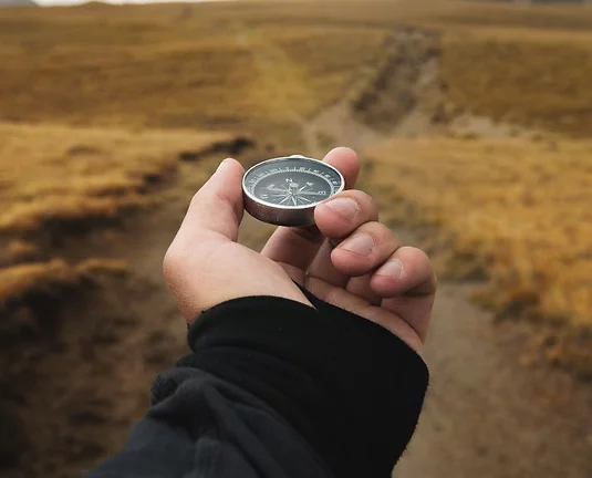 A hand holding a compass.