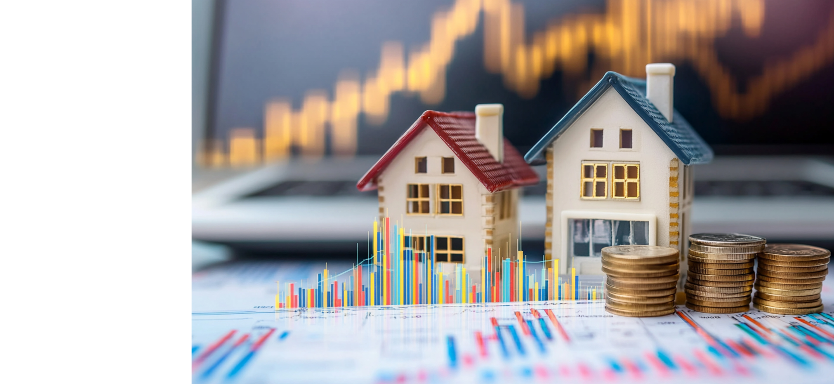 Miniature model houses on financial documents with bar graphs, next to stacks of coins, symbolizing real estate investment and housing market trends. A computer screen in the background displays a rising stock chart.