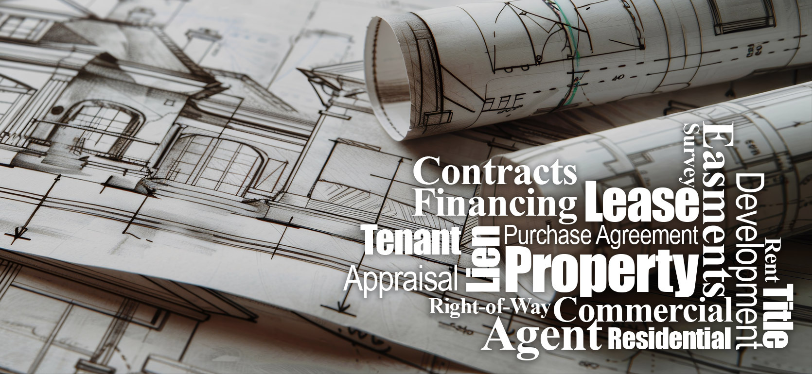 Architectural blueprints with a sketch of a building and rolled design plans, overlaid with real estate terms such as “Property,” “Lease,” “Contracts,” “Tenant,” “Easements,” “Financing,” “Appraisal,” “Purchase Agreement,” “Commercial,” and “Residential.”