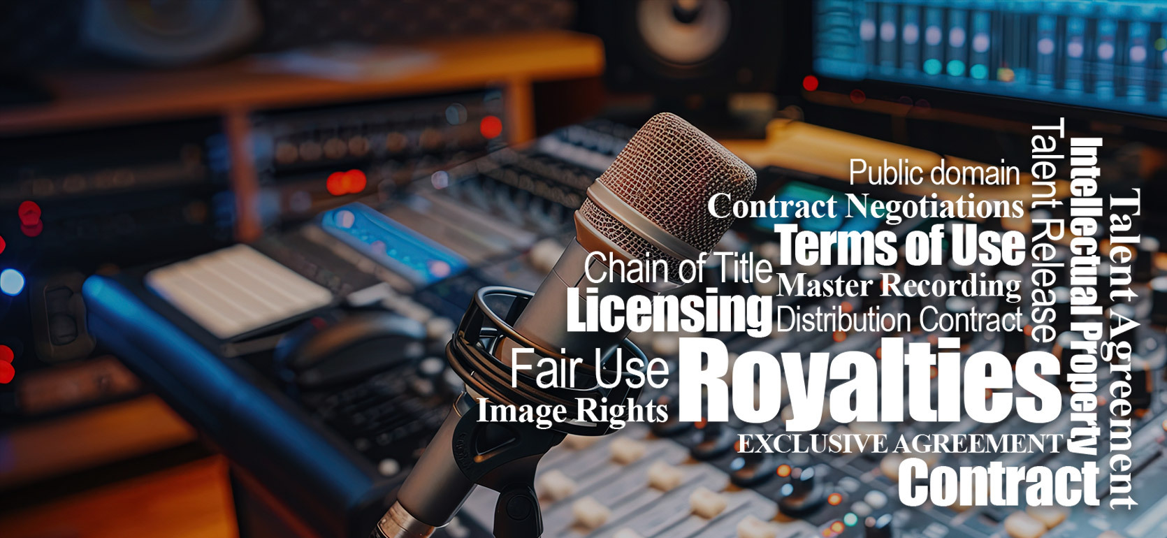 A close-up of a microphone in a professional recording studio, surrounded by audio equipment, control boards, and monitors. Overlaid are music industry and intellectual property-related terms such as “Royalties,” “Licensing,” “Fair Use,” “Terms of Use,” “