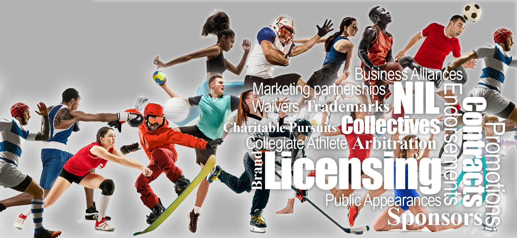 Athletes from various sports including basketball, football, soccer, volleyball, tennis, skiing, and more, arranged dynamically across the image. Overlaying the athletes are keywords related to Name, Image, and Likeness (NIL) and sports law such as “Licen