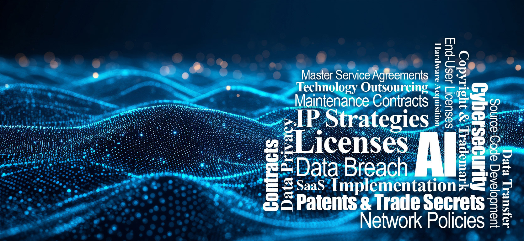 A digital landscape of glowing blue particles forming wave-like patterns, with tech-related legal terms overlaid in various sizes. Prominent words include “AI,” “Cybersecurity,” “Licenses,” “IP Strategies,” “Patents & Trade Secrets,” “Data Breach,” “Contr