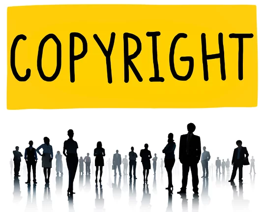 Silhouettes of businesspeople standing against a white background with a large yellow banner above them that says "COPYRIGHT" in bold, black letters.