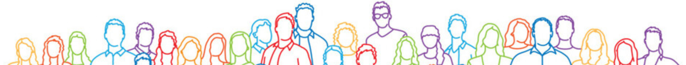 Colorful outlines of people standing in a row, illustrated with overlapping transparent lines on a white background