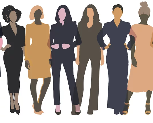 Illustration of seven diverse businesswomen standing confidently in a row, wearing a variety of professional outfits in neutral and warm tones.