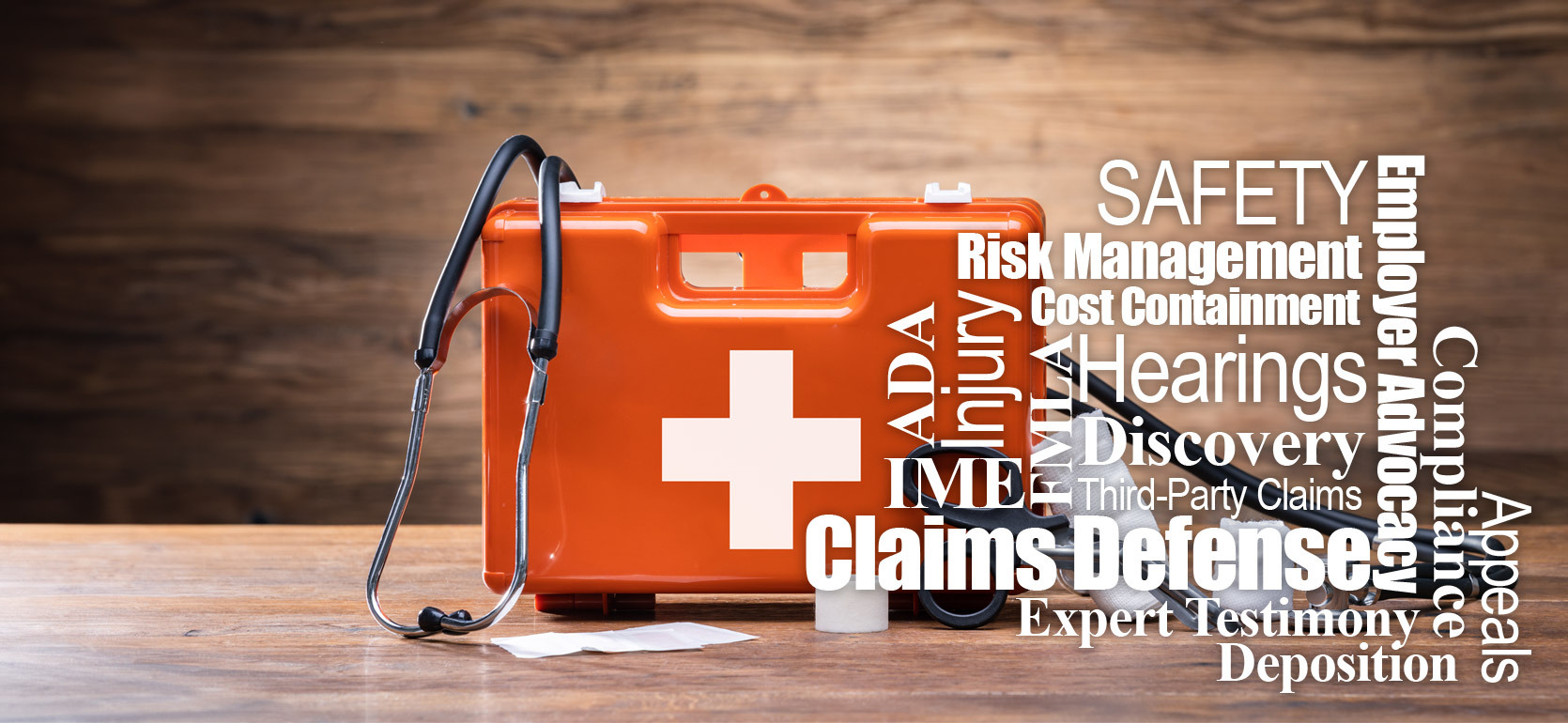 Emergency first aid kit with white cross, surrounded by medical supplies like syringes, gloves, and a stethoscope, on a wooden surface. Overlay text highlights safety terms such as prevention, health, and emergency preparedness