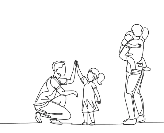 Continuous line drawing of a family—father crouching and high-fiving a young daughter, while the mother stands nearby holding a baby in her arms.