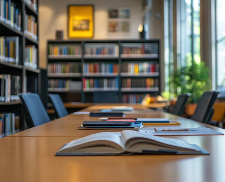 Quiet library study area with open books, notebooks, and pencils neatly arranged on a long wooden table, surrounded by bookshelves filled with colorful books and natural light streaming in from large windows.