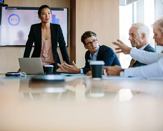 Board room with various aged people discussing
