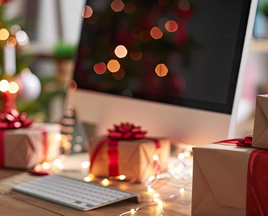 Holiday-themed office workspace with wrapped gifts, festive string lights, and a computer monitor on a wooden desk, creating a cozy and celebratory atmosphere