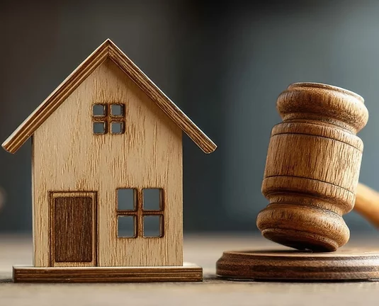 Wooden house model alongside judge gavel symbolizing real estate law and property
