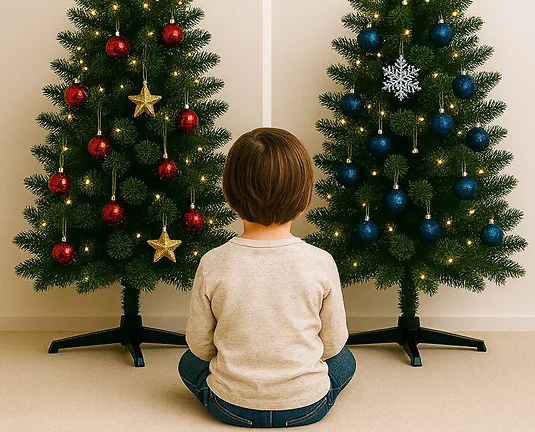 Generated by AI. Child sits in front of two differently decorated christmas trees