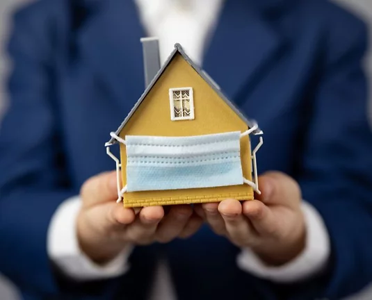 Two hands holding a toy house with a blue mask.