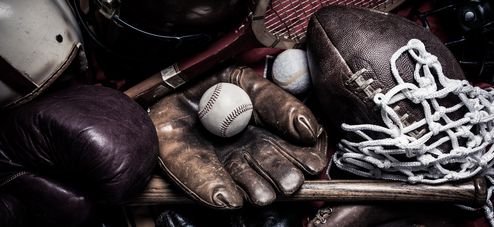 Multiple sports balls, gloves nets