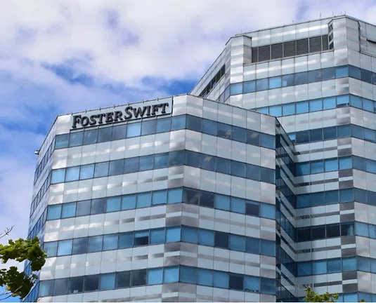 Picture of Foster Swift's Southfield office, a large blue building with windows.