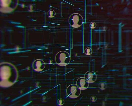 Abstract digital network background featuring silhouettes of user icons interconnected by glowing neon lines and geometric shapes on a dark grid-like backdrop, symbolizing data, connectivity, or social networking.