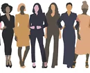 Illustration of seven diverse businesswomen standing confidently in a row, wearing a variety of professional outfits in neutral and warm tones.