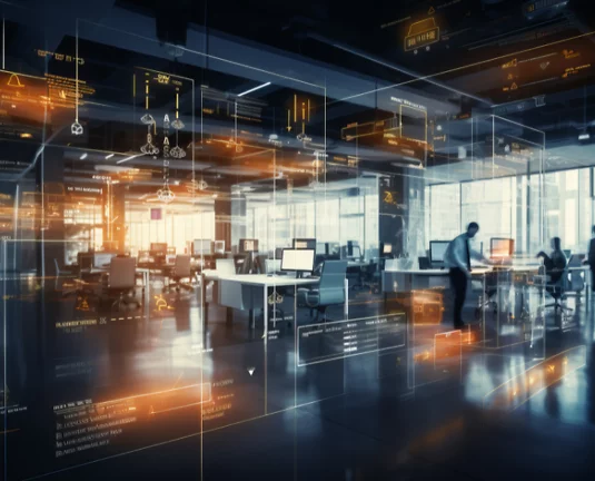 Modern office with employees working at desks surrounded by digital data overlays and holographic interface elements, symbolizing a high-tech, data-driven work environment.