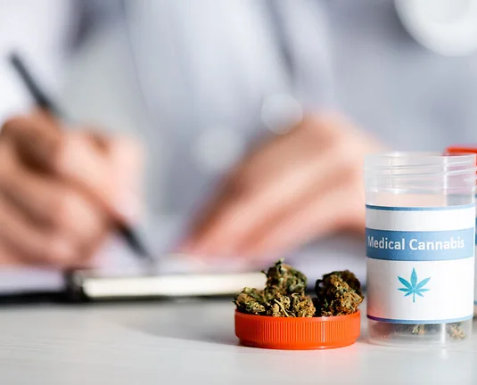 selective focus of dried weed and bottles with medical cannabis lettering near doctor writing prescription