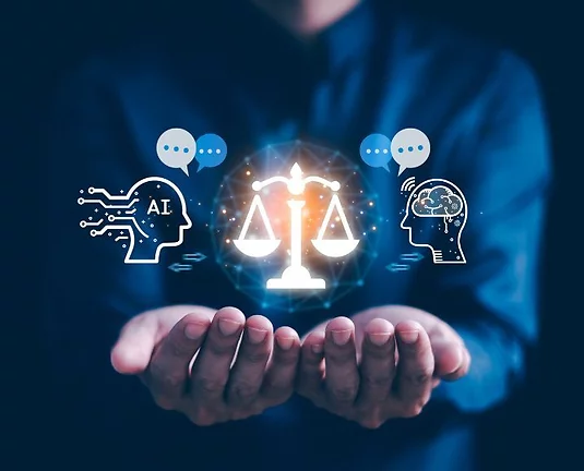 Graphic of an AI head and a brain head looking at the sacles of justice cupped in human hands.