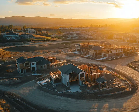 Aerial view of a housing development with multiple homes at different stages of construction