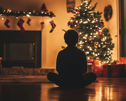 Illustration depicting a child alone surrounded by Christmas lights and decorations