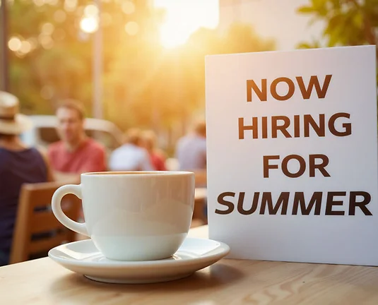 Now Hiring for Summer Café Sign with Coffee Cup at Sunset