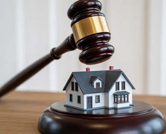 Gavel striking a miniature house, symbolizing legal decisions or property auction.