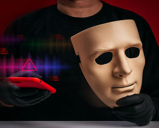 Deepfake identity fraud and AI scam concept featuring anonymous impersonator with mask and smartphone on red banner. Digital deception, voice cloning, online fraud, cybersecurity risk, and AI threat.