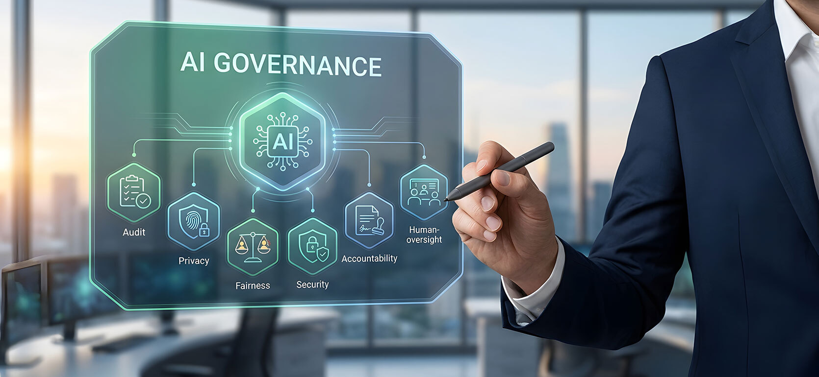 AI governance corporate compliance artificial intelligence enterprise ethics data privacy hexagon interface