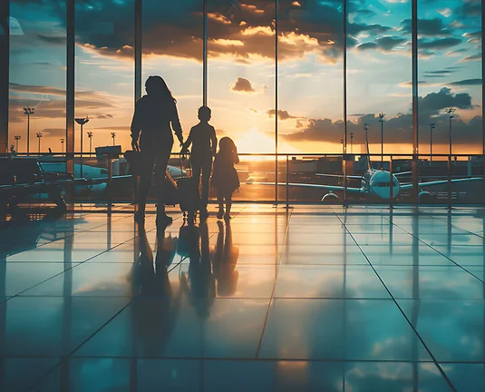Family at airport travelling with young child walking to departure gate. Family vacation and holidays concept with silhouette of parents and kid. Travel lifestyle banner or background for air travel