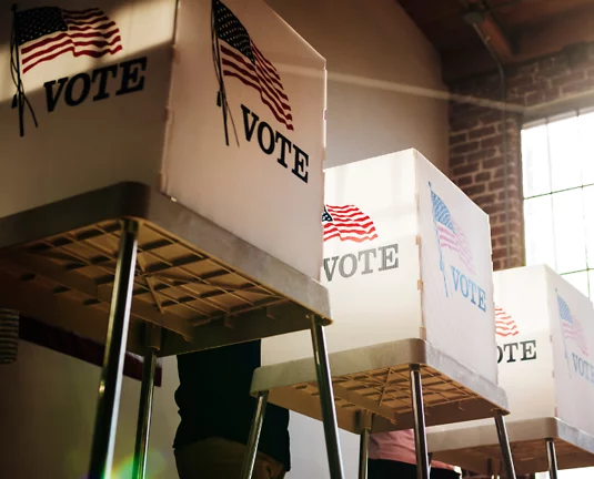 Voting booths with American flags and the word “VOTE” printed on them, with people standing inside casting their ballots at a polling station.