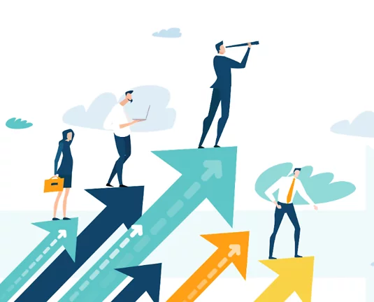 Illustration of business professionals standing on upward-pointing arrows, symbolizing career growth and leadership. One person uses a telescope, another a laptop, and others are confidently looking ahead.