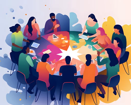 Illustration of a diverse group of people sitting around a circular table, collaborating in a colorful and inclusive setting.