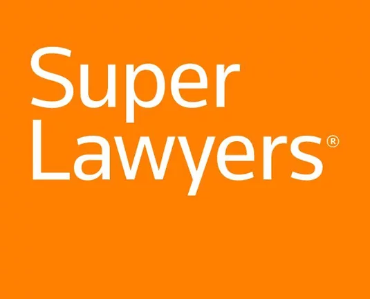 A logo reading "Super Lawyers" in white text with a bright orange background.