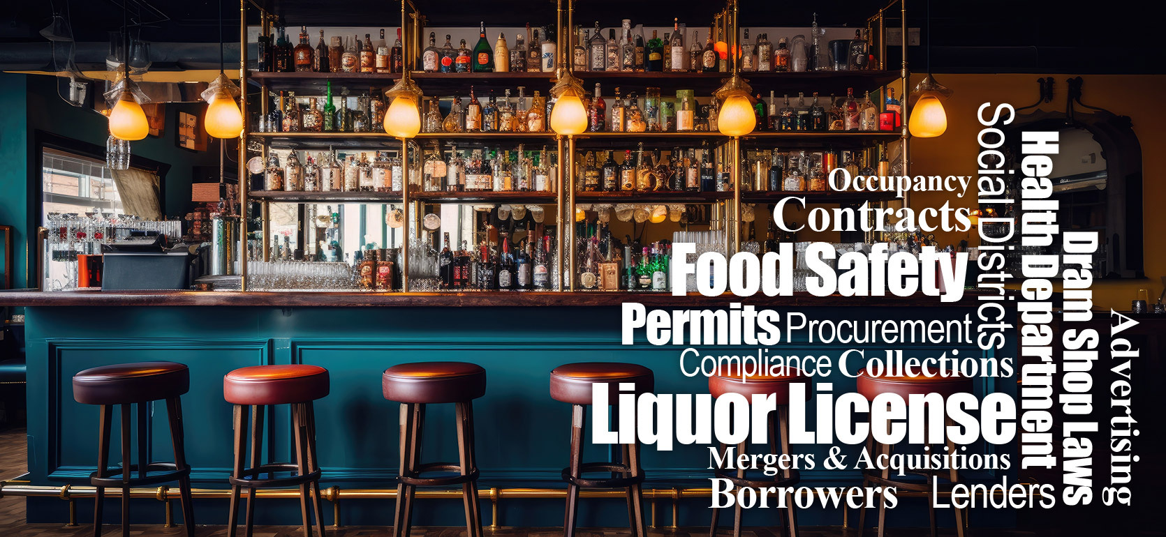 A modern bar interior with a well-stocked liquor display, teal paneling, and red barstools. Superimposed text includes industry terms such as “Liquor License,” “Food Safety,” “Permits,” “Contracts,” “Compliance,” “Health Department,” “Dram Shop Laws,” “So