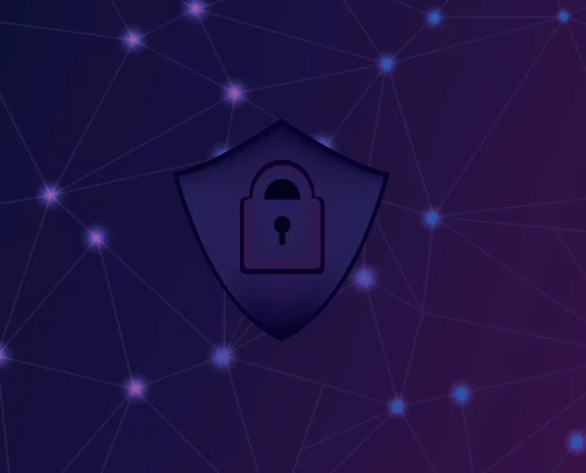 Stylized lock icon on a shield symbol against a dark purple and blue digital network background, representing cybersecurity or data protection.