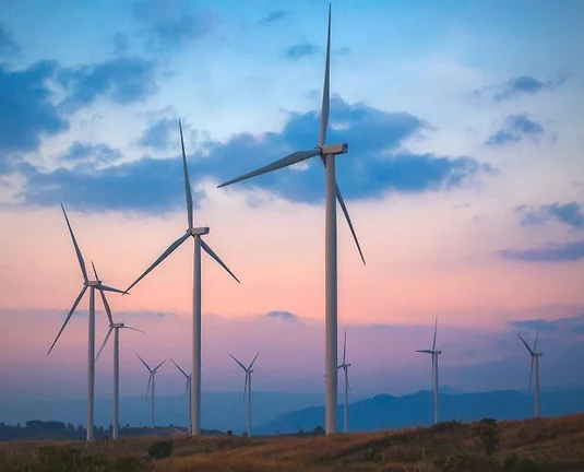 Wind turbines in a field with a sunset in the background.